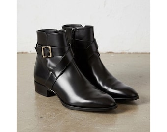 Bespoke Men's Handmade Black Leather Jodhpur Buckle Formal Ankle Boots