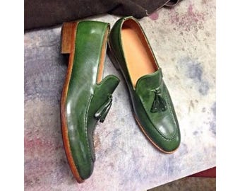 Bespoke Men's Handstitched Green Color Leather Loafers Slip On Moccasin Tassels Shoes Men