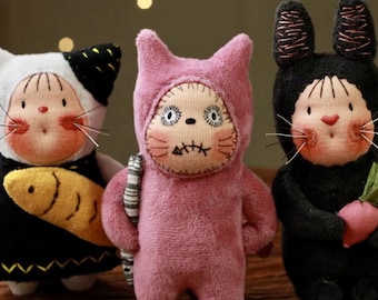 Gato de pelúcia artesanal para o Halloween – Ceifador, Fantasma, Fantasma de Rosto Preto | Bonecos de arte em tecido macio | Personalizáveis