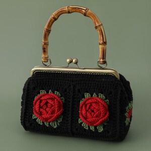 Handmade Crochet Granny Square Handbag: Vintage Frame, Bamboo Handle