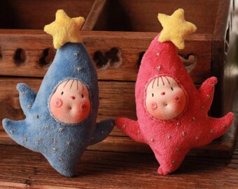 Estrela-do-mar de pelúcia feita à mão, brinquedo de tecido inspirado na pedagogia Waldorf, enfeite bordado, azul | rosa | amarelo | cinza