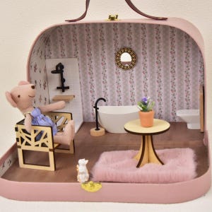 持ち運び可能なピンクのドールハウススーツケース：子供用ミニチュア家具プレイセット