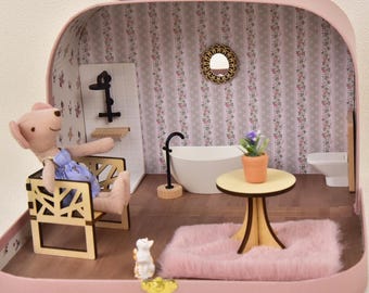 Mala de casa de bonecas rosa portátil: conjunto de móveis em miniatura para crianças