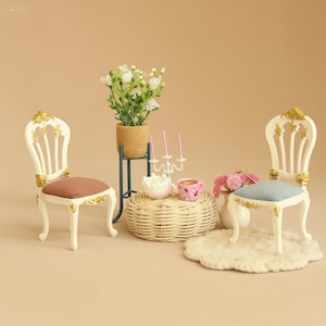 Elegant Handmade 1 12 Scale French Style Dollhouse Chairs with Velvet detailed Seat Antique Ivory and Gold Miniature Furniture - Dining Room