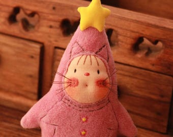 Pelúcia colecionável feita à mão – boneca rosa, preta e amarela | Bonecas de artista recheadas em lã de 12 cm | Figuras de gato kawaii