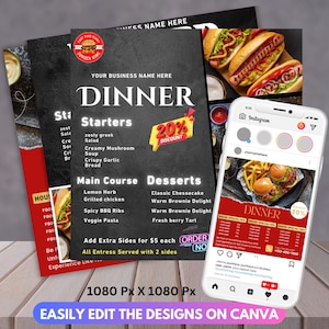 Ulotka z ofertami specjalnymi na kolację Canva Edytowalny szablon, Projekt ulotki DIY, Ulotka z ofertami menu na kolację, Ulotka restauracji, Gotowe promocyjne materiały cateringowe