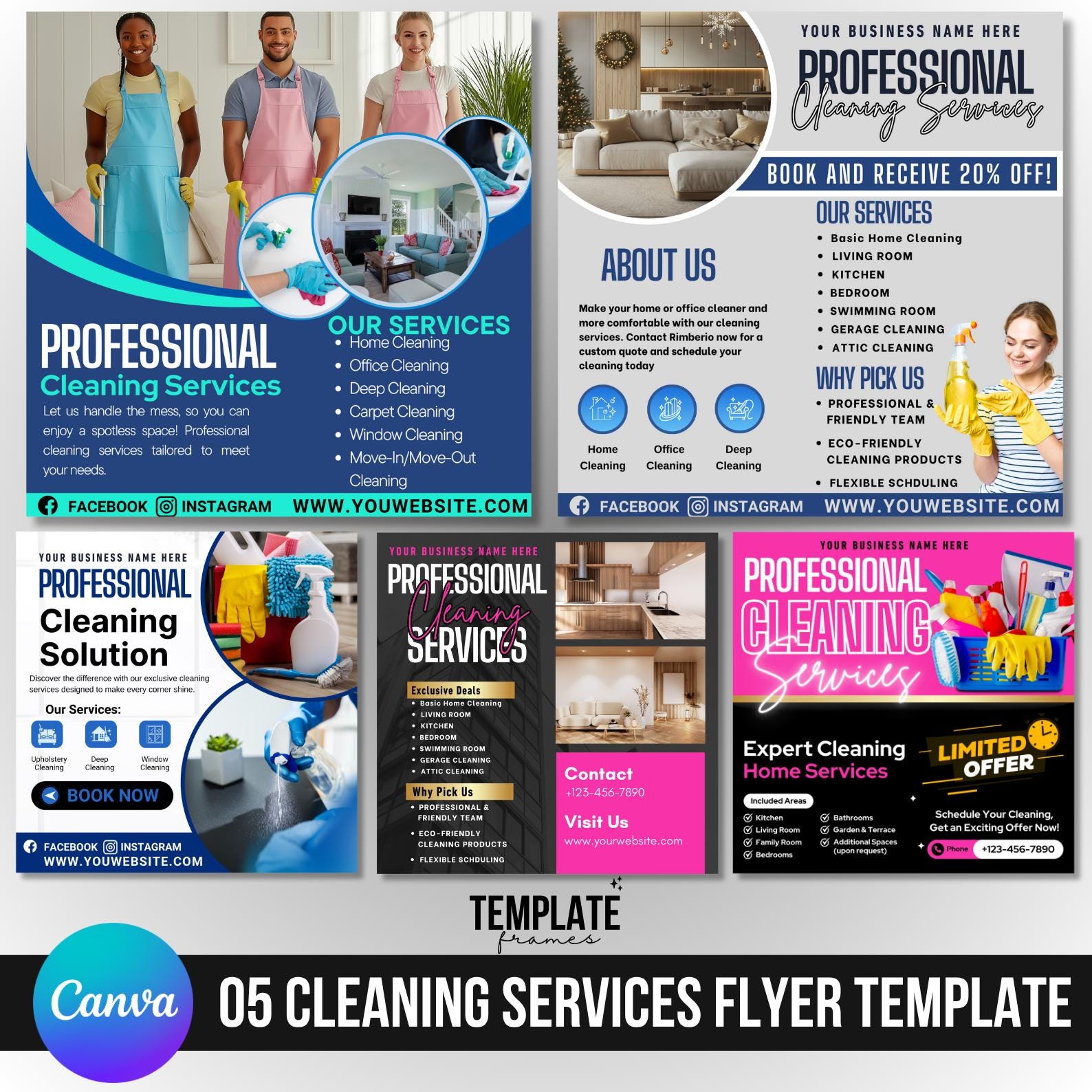 Cleaning Business Canva Editable Flyers Bundle, Cleaning Forms Flyer, Logo, Service agreement, Cleaning Business Card, Cleaning Social media