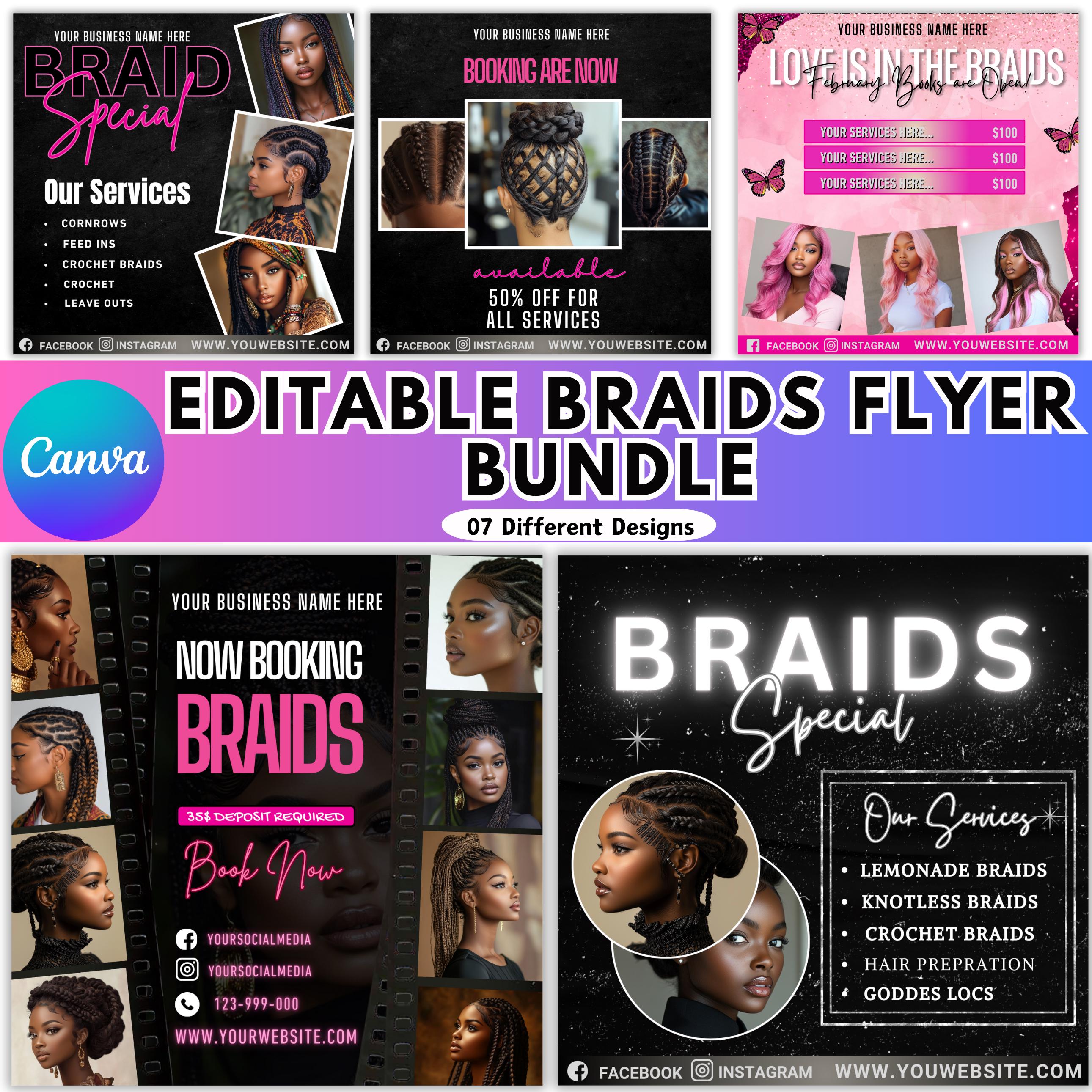 Braids Flyer Bundle, Social Media Flyer, Hair Stylist Booking Canva Template, Editable Hair Flyer, Flyer Template Digital Download