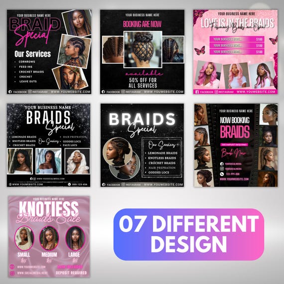 Braids Flyer Bundle, Social Media Flyer, Hair Stylist Booking Canva Template, Editable Hair Flyer, Flyer Template Digital Download