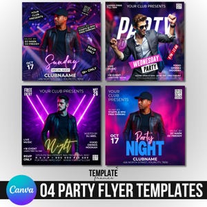 04 Party Flyer Canva Editable Templates Bundle, Club Flyer Templates, Bars & Nightclub Events, Digital Flyer Bundle, Editable Party Flyers