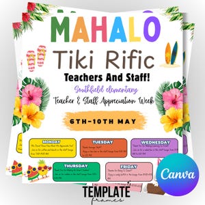 Hawaiian Teacher Appreciation Flyer, Tropical Luau Itinerary, Editable Mahalo Schedule, Beach Poster DIY, Printable Teacher Appreciation