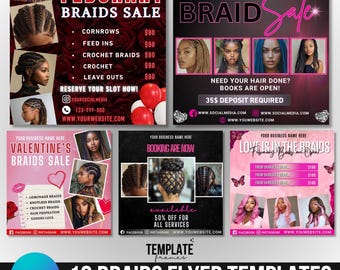 Braids Flyer Bundle, Social Media Flyer, Hair Stylist Booking Canva Template, Editable Hair Flyer, Flyer Template Digital Download