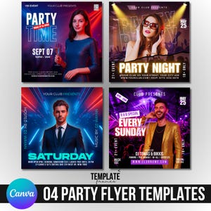 04 Party Flyer Canva Editable Templates Bundle, Club Flyer Templates, Bars & Nightclub Events, Digital Flyer Bundle, Editable Party Flyers