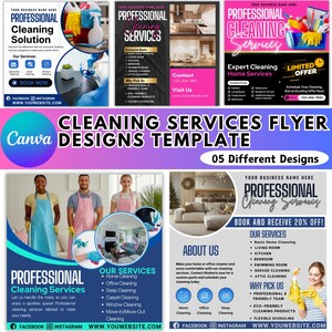 Pacote de panfletos editáveis do Canva para empresas de limpeza, panfletos com formulários de limpeza, logotipo, contrato de serviço, cartão de visita de limpeza, mídia social de limpeza