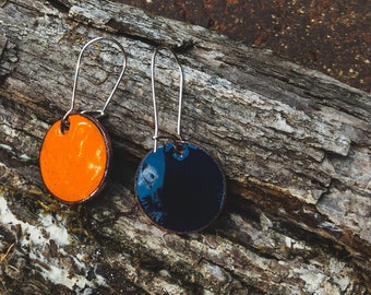 Penny earrings, Reversible, enamel, copper, orange and blue, Auburn, penny  earrings