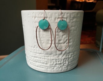 Enamel copper earrings ,  Blue, green, penny and  copper wire, dangle earrings