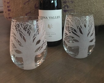 Gameday , Hand etched Wine glass, Auburn, Toomer's Corner, tree of life, one of a kind,  single, wine glass
