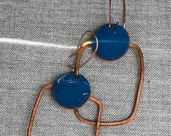 Bright blue enamel, penny and  copper wire, dangle earrings