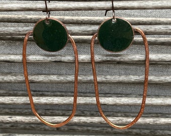 Copper dangle earrings,  Moss green enamel, penny and  copper wire, earrings