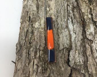 Auburn, blue and orange,  copper, enameled ,bar pendant