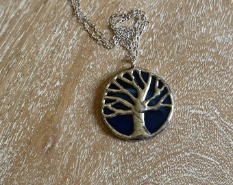 Large,Navy blue and silver, stained glass, oak tree, tree of life, Toomer's corner, Auburn pendant