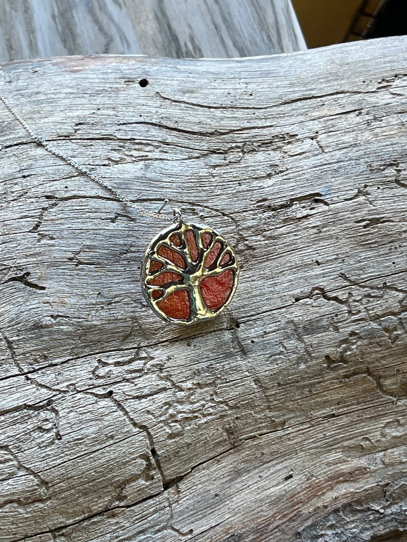 Small, orange and silver, stained glass, oak tree, tree of life, Toomer's corner, Auburn pendant image 2