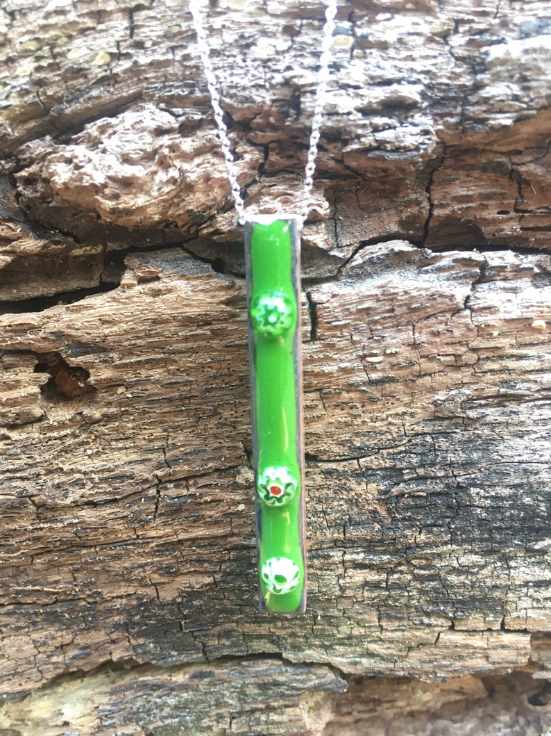 Green, enamel and copper pendant, with millefiori flower beads embedded ,bar pendant image 3