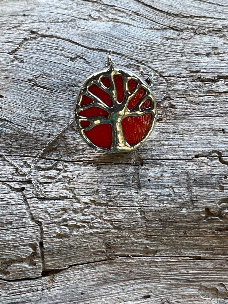 Small, orange and silver, stained glass, oak tree, tree of life, Toomer's corner, Auburn pendant image 3