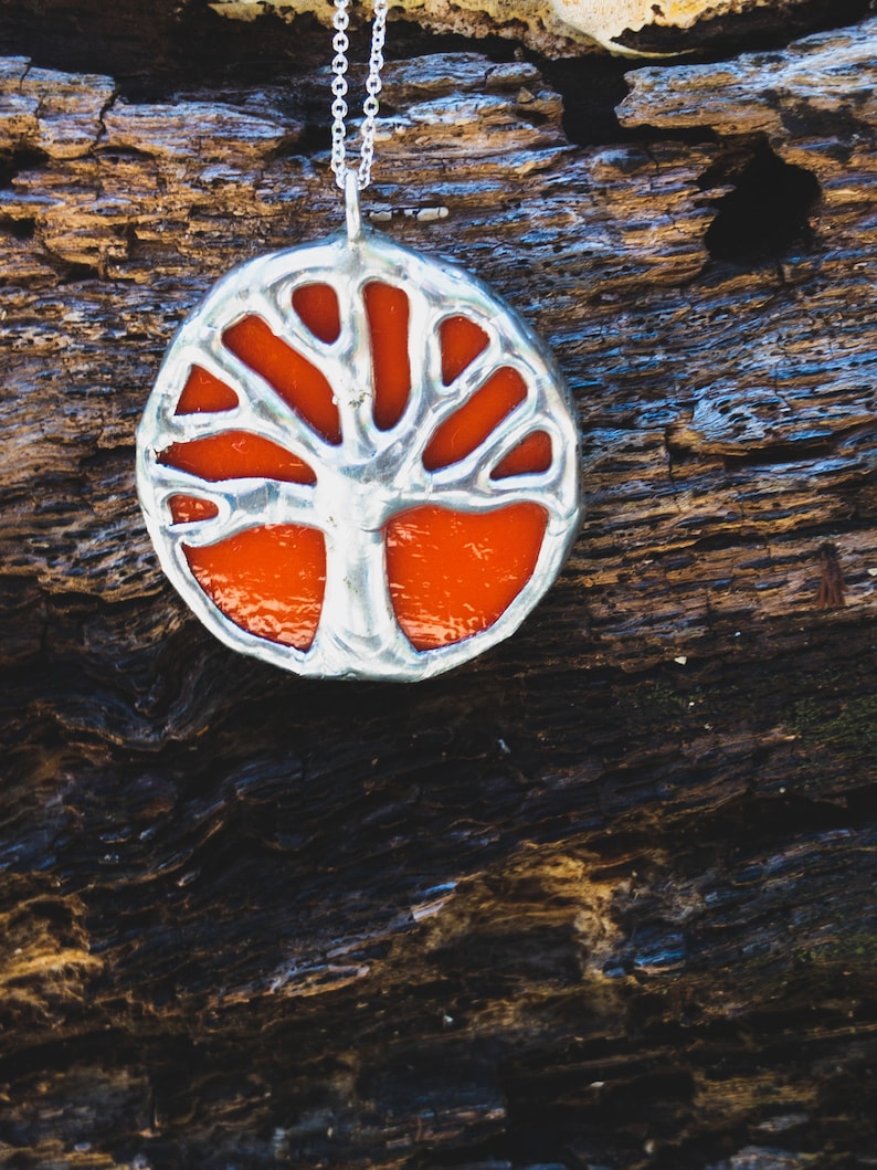 Small, orange and silver, stained glass, oak tree, tree of life, Toomer's corner, Auburn pendant image 4