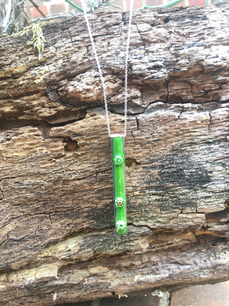 Green, enamel and copper pendant, with millefiori flower beads embedded ,bar pendant image 1