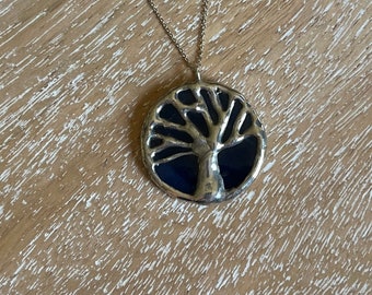 Small,Navy blue and silver, stained glass, oak tree, tree of life, Toomer's corner, Auburn pendant