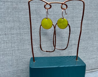 Bright yellow, enamel, penny and  copper wire, dangle earrings