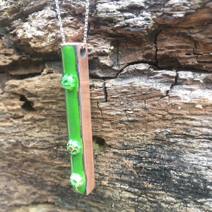 Green, enamel and copper pendant, with millefiori flower beads embedded ,bar pendant image 5