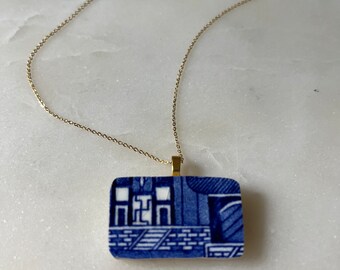 Broken china, pendant, vintage, blue willow, china pendant