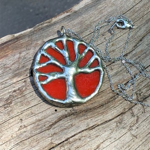 Small, orange and silver, stained glass, oak tree, tree of life, Toomer's corner, Auburn pendant image 6