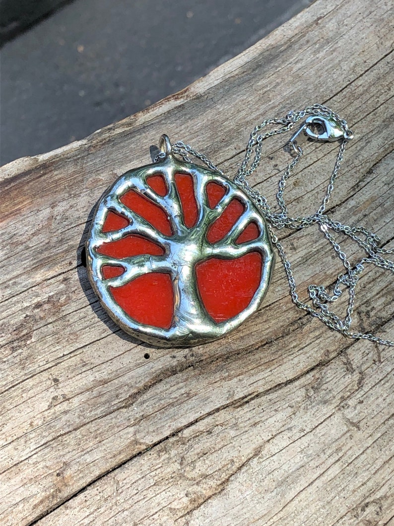 Small, orange and silver, stained glass, oak tree, tree of life, Toomer's corner, Auburn pendant image 6