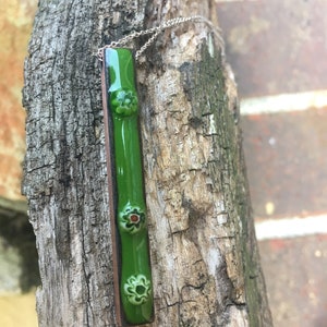 Green, enamel and copper pendant, with millefiori flower beads embedded ,bar pendant image 4