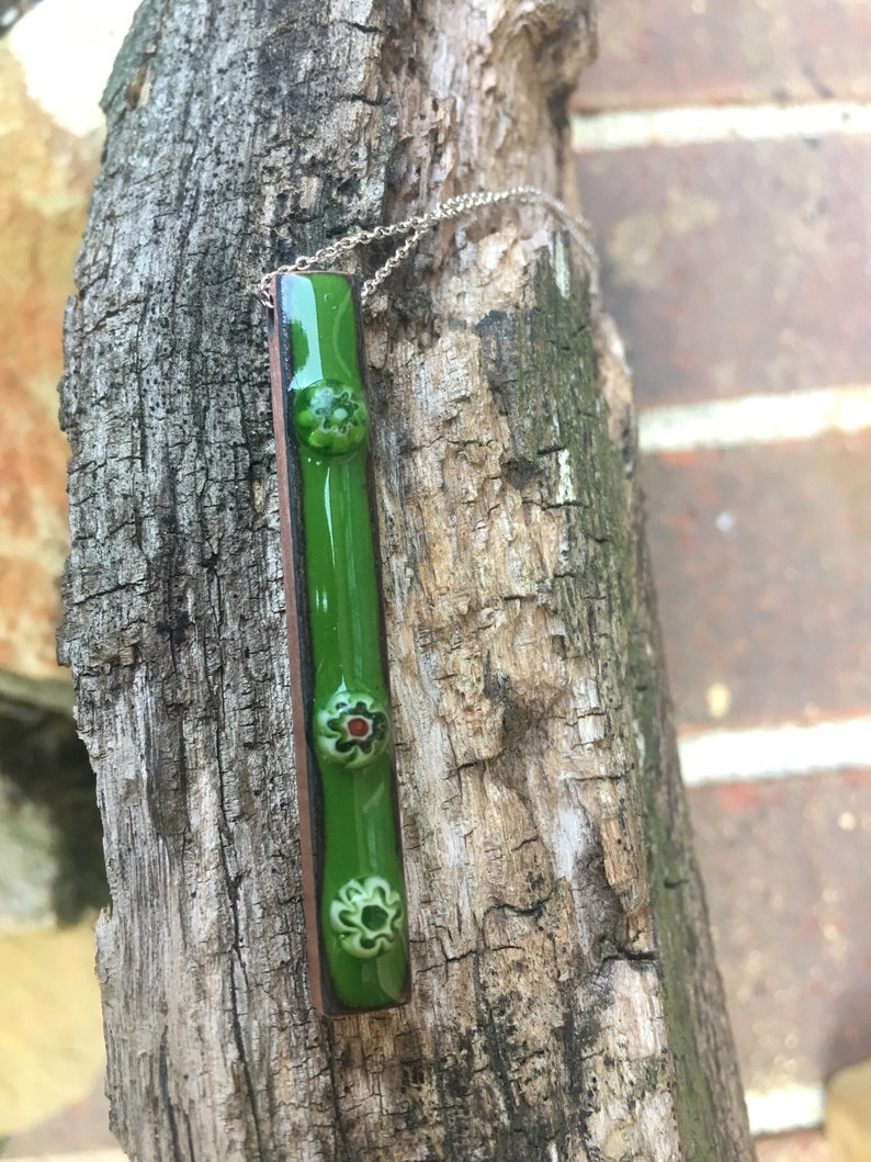 Green, enamel and copper pendant, with millefiori flower beads embedded ,bar pendant image 4