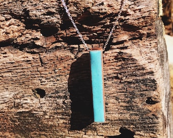 Turquoise blue, copper, enameled, bar pendant