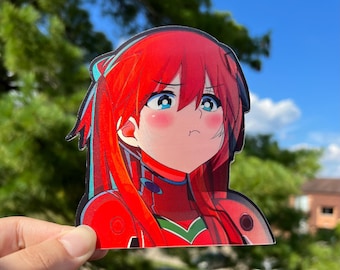 May include: A red-haired anime character with blue eyes and a red and green outfit. The character has a surprised expression with blushing cheeks.
