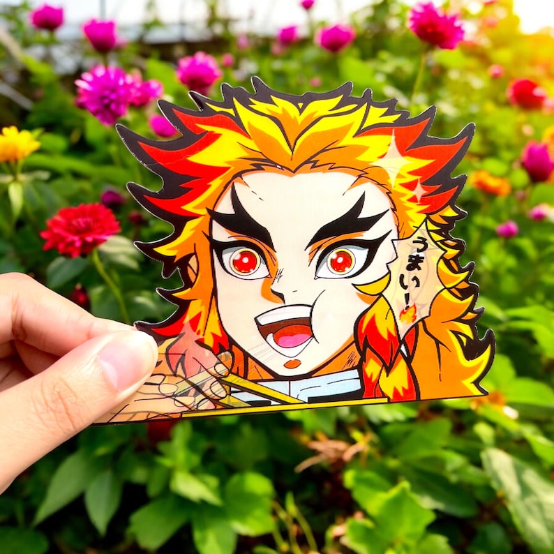 May include: A colorful anime sticker featuring a character with fiery orange hair, red eyes, and a bright smile. The character is holding chopsticks and eating noodles. The sticker has the Japanese text "うまーい!" which means "Delicious!"