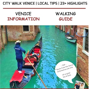 Op de afbeelding: Een gondel vaart door een turquoise kanaal in Venetië, Italië. De afbeelding toont een gondelier in een blauwe jas en witte hoed. Tekst bovenaan luidt "CITY WALK VENICE | LOCAL TIPS | 23+ HIGHLIGHTS". Het is een wandelgids.