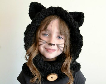 Black Cat Hat - Black Cat Hoodie - Black Cat Cowl - Animal Hat - Hooded Scarf - Crochet Hoodie - Christmas Gift for Kids