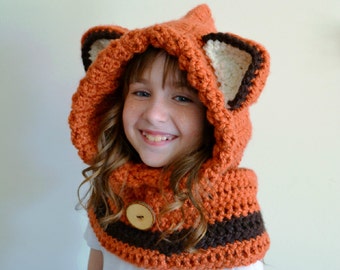 Fox Hat - Fox Hoodie - Fox Cowl - Animal Hat - Hooded Scarf - Crochet Hoodie - Chunky Crochet Hat - Animal Scarf - Christmas Gift for Kids