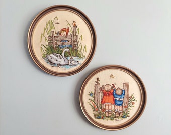 Vintage pair of 1970's official Hummel Hand Crewel Embroidered Needleworks