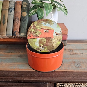 Vintage Collectors Tin - Covered Bridge Themed - Collectors Cookie Tin