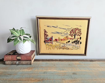 Vintage 1972 Hand Embroidered Crewel Farmhouse Landscape Barn Tree Framed Art - Vintage Crewel