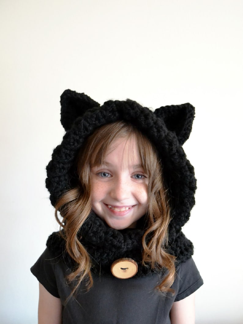 Crochet Black Cat Hoodie – Kids Animal Hat, Hooded Scarf image 2