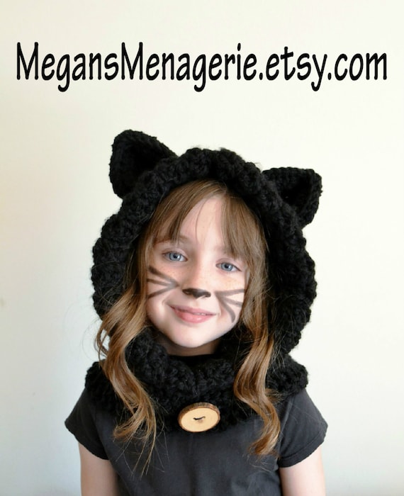 Black Cat Hat - Black Cat Hoodie - Black Cat Cowl - Animal Hat - Hooded Scarf - Crochet Hoodie - Christmas Gift for Kids