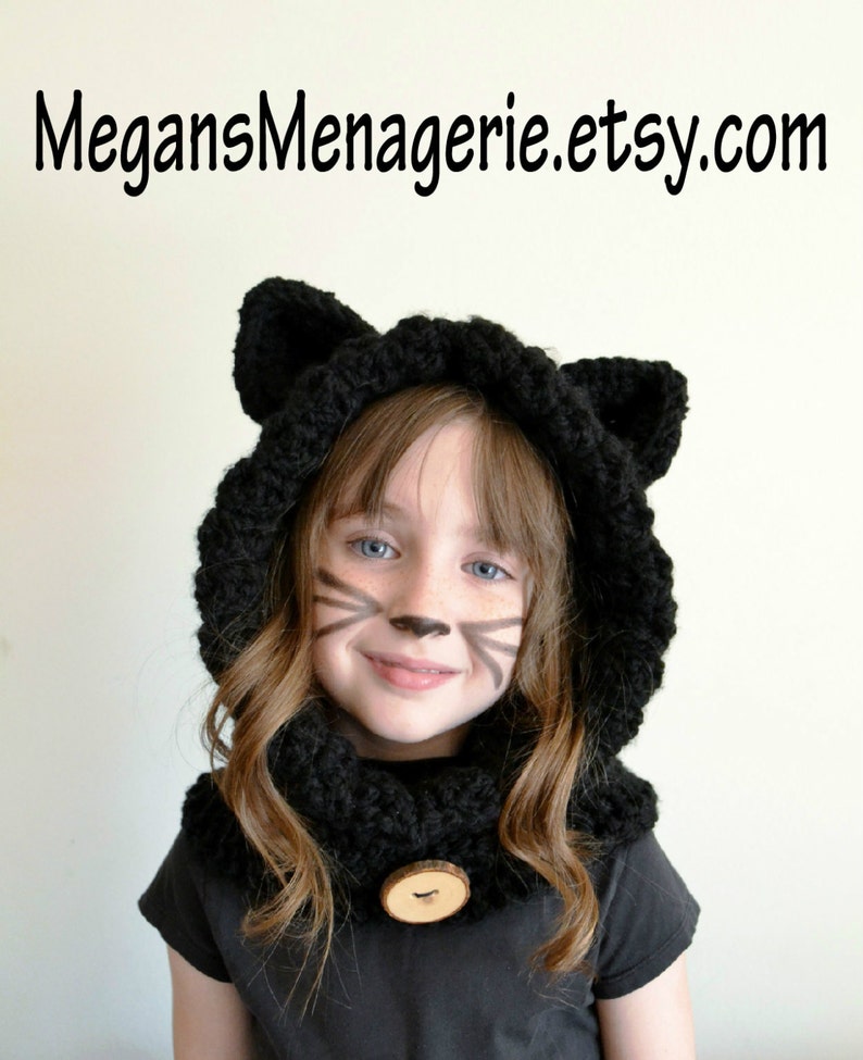 Crochet Black Cat Hoodie – Kids Animal Hat, Hooded Scarf image 1